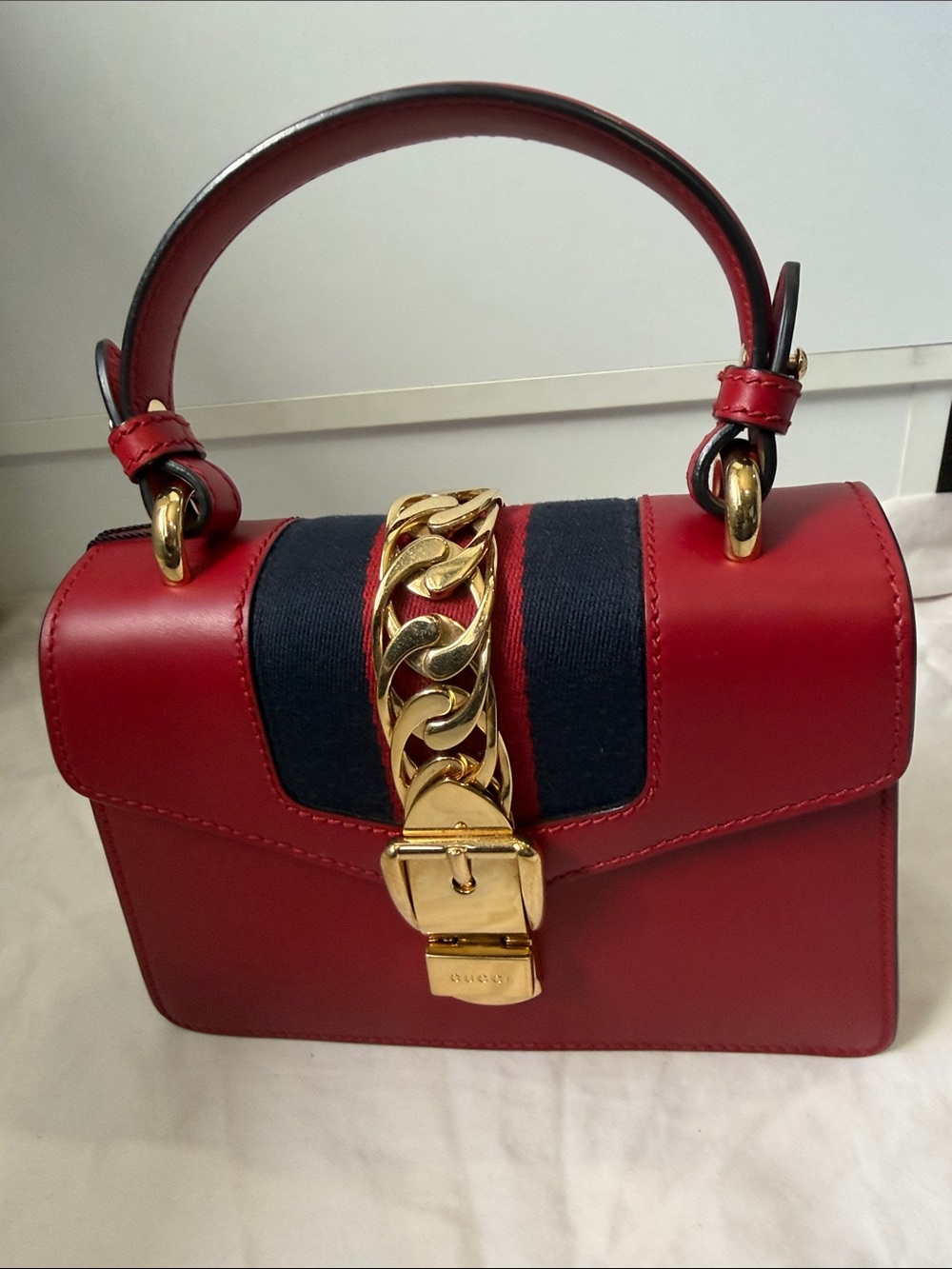 Gucci Red Leather Top-Handle Satchel with Navy Accent & Gold Chain